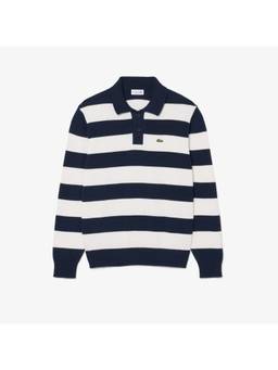 Lacoste - Striped Cotton Polo Collar Blue Sweater