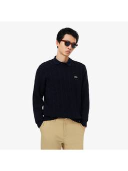 Lacoste - Cable Knit Wool Crew Neck Blue Sweater