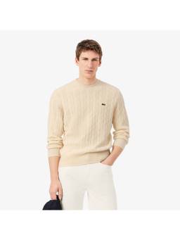 Lacoste - Cable Knit Wool Crew Neck White Sweater