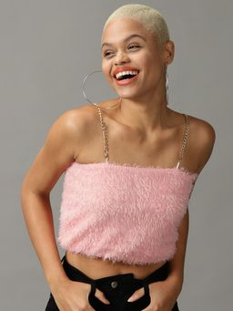 SHOWOFFFF - Womens Shoulder Straps Tube Self Design Pink Crop Top