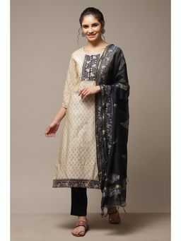Biba - Beige Chanderi Unstitched Suit (Set of 3)