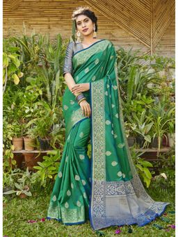 Sangam Prints - Green Heavy Woven Work Traditional Saree with Unstitched Blouse