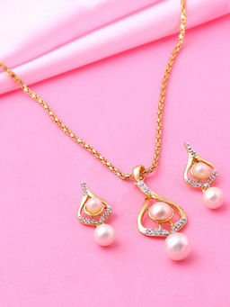 Estele - Gold Plated Pearl Pendant with Earrings for Women (Set of 2)
