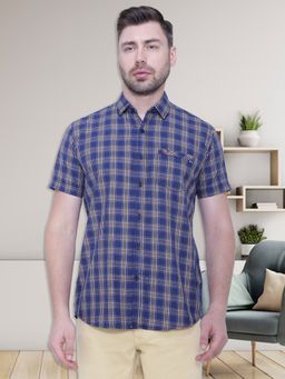 KUONS AVENUE - Men's Navy Blue Half Sleeve Cotton Casual Shirt