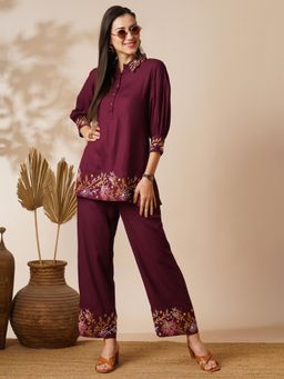 Globus - Women Purple Floral Embroidered Shirt with Mid-Rise Pant (Set of 2)