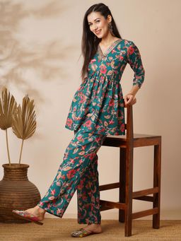 Globus - Green Floral Embroidered Jaal Print Detailing A-Line Peplum Tunic & Pant (Set of 2)