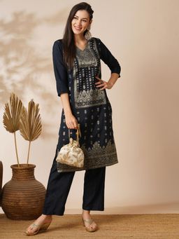 Globus - Women Navy Blue & Brocade Ethnic Motifs Straight Kurta with Pant (Set of 2)