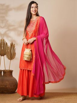 Globus - Women Orange Sequin Embroidered Yoke Straight Kurta with Sharara & Dupatta (Set of 3)