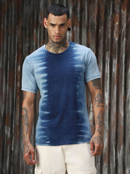 High Star - Men Tie & Dye Regular Fit Cotton Round Neck Short Sleeve T-Shirt Blue