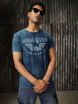 High Star - Men Printed Regular Fit Cotton Round Neck Short Sleeve T-Shirt Blue