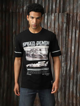 High Star - Men Printed Relaxed Fit Cotton Round Neck Short Sleeve T-Shirt Black