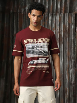 High Star - Men Printed Relaxed Fit Cotton Round Neck Short Sleeve T-Shirt Maroon
