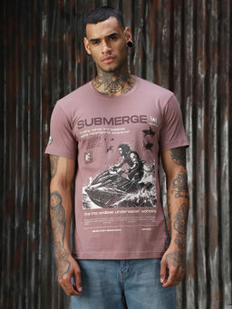 High Star - Men Printed Regular Fit Cotton Round Neck Short Sleeve T-Shirt Mauve