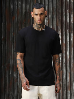 High Star - Men Solid Relaxed Fit Cotton Round Neck Short Sleeve T-Shirt Black