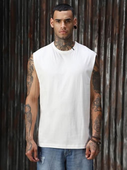 High Star - Men Solid Relaxed Fit Cotton Round Neck Sleeveless T-Shirt White