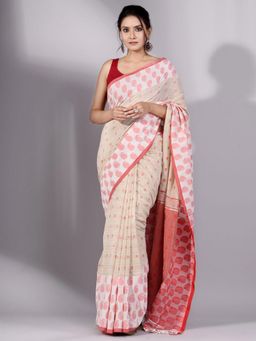 CHARUKRITI - Cream Cotton Soft Handwoven Saree with Textured Design Without Blouse