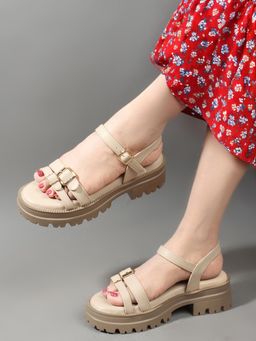 Carlton London - Beige Solid Platform Party Wear Women Sandals