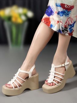 Carlton London - White & Cream Solid Platform Heel Party Wear Women Sandals