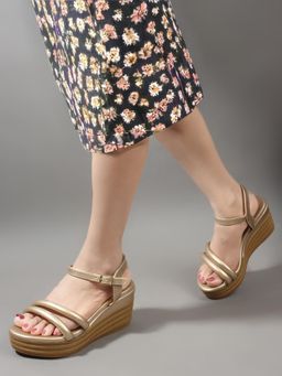 Carlton London - Gold Solid Wedge Heel Party Wear Women Sandals