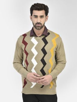 CRIMSOUNE CLUB - Mens Beige Printed V-neck Sweater
