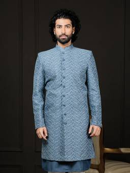 Vastramay - Mens Blue Cotton Blend Sherwani
