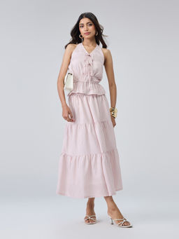 Twenty Dresses by Nykaa Fashion - Pink Stripes Halter Neck Top Tiered Maxi Skirt Co-Ord Set