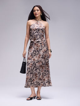 Twenty Dresses by Nykaa Fashion - Dull Beige Floral Top And High Waist Midi Skirt Co Ord Set