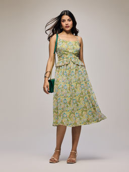 Twenty Dresses by Nykaa Fashion - Green Printed Strappy Gathered-Waist Ruffled Midi Dress