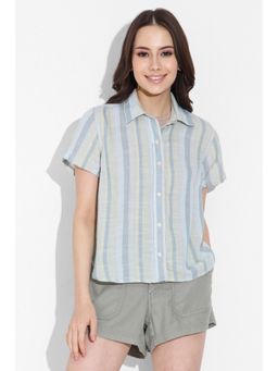 American Eagle - Women Blue Short-Sleeve Button-Up Shirt