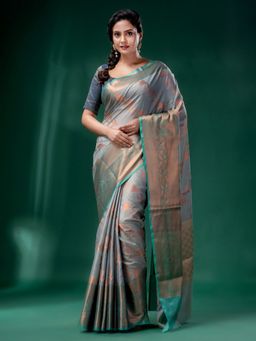 CHARUKRITI - Grey Cotton Silk Saree with Woven Design with Unstitched Blouse