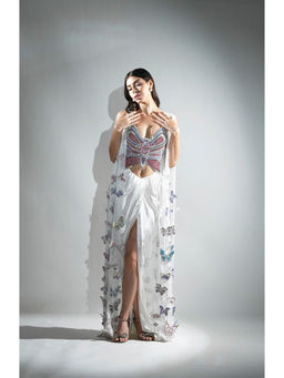 Realm By Vaishali - White Ariel 3D Rhinestone Embellished Crop Top with Skirt and Cape (Set of 3)