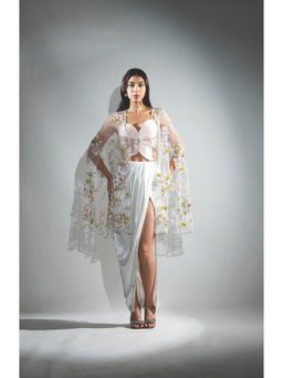 Realm By Vaishali - Embroidery Salmon Peach Crop Top with Skirt and Cape (Set of 3)