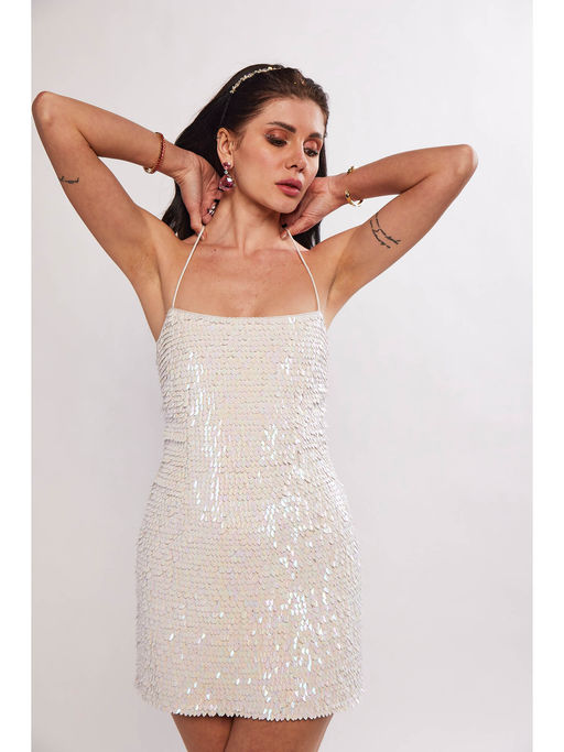 iridescent white sequin dress White And Light Blue Iridescent Sequin Maxi Dress