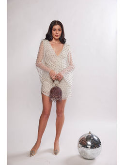 Realm By Vaishali - Delilah Off White Crystal Embellished Mini Drape Dress