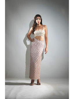 Realm By Vaishali - Pink Madeline Salmon Peach Mother Of Pearl Embellished Maxi Dress