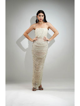 Realm By Vaishali - Delilah Off White Crystal Embellished Maxi Drape Dress