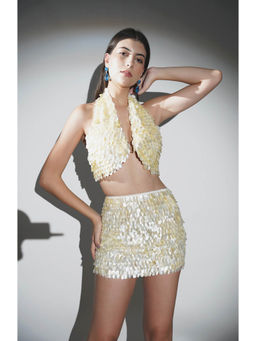 Realm By Vaishali - Alana Yellow Pearls Embellished Bralette with Skirt (Set of 2)