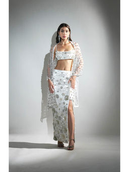 Realm By Vaishali - Charlotte White Embellished Bralette with Skirt and Cape (Set of 3)