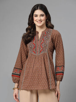 QOMN - Brown Printed Cotton Mandarin Collar Tunic