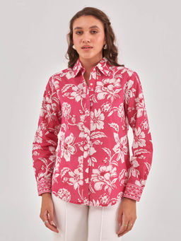 QOMN - Pink Printed Cotton Spread-Collar Shirt