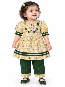 MINI KLUB - Girls Yellow Floral Kurta & Pant
