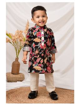 Little Collars - Boys Black Floral Printed Kurta & Pyjama