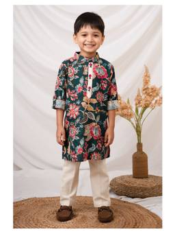 Little Collars - Boys Green Floral Printed Kurta & Pyjama