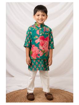 Little Collars - Boys Green Floral Printed Kurta & Pyjama with Jacket