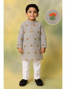 Little Collars - Grey Floral Butti Embroidered Full Sleeves Kurta & Pyjama