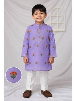 Little Collars - Purple Floral Butti Embroidered Full Sleeves Kurta & Pyjama