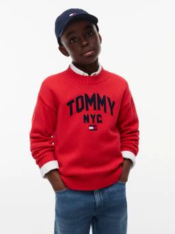 Tommy Hilfiger - Boys Red Embroidered Logo Relaxed Fit Cotton Sweater