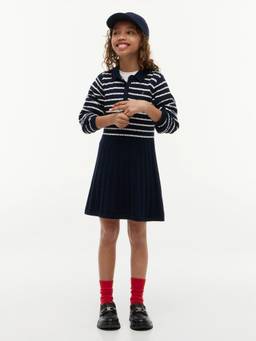 Tommy Hilfiger - Girls Navy Blue Cotton Polo Collar Dress