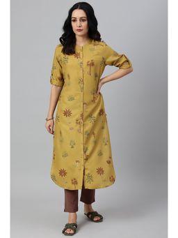 W - Mustard Rayon Printed Button Down Kurta