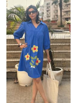 Galocher Clothing - Cotton Royal Blue Applique Floral Dress